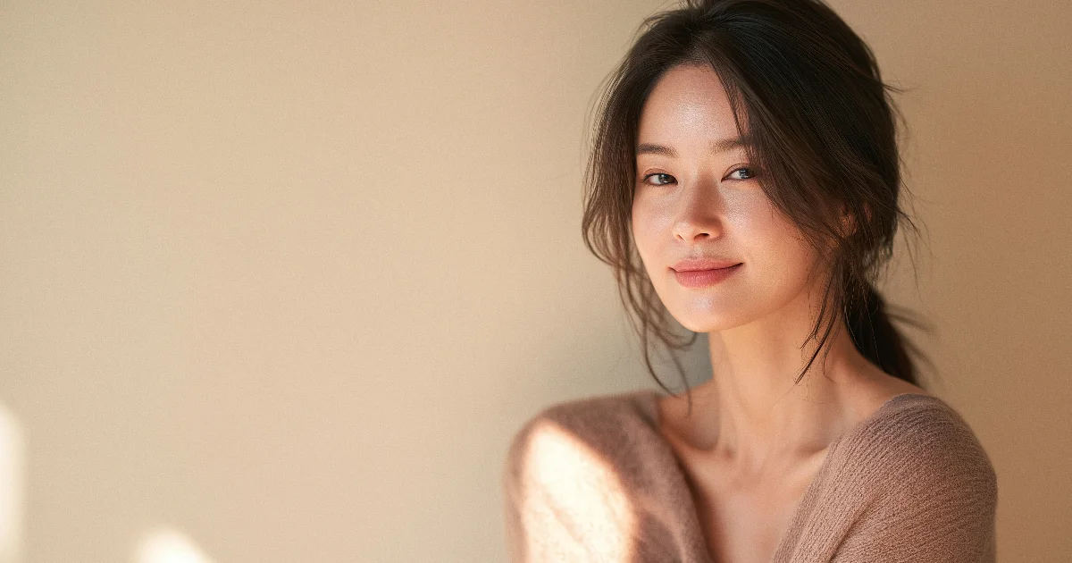 창가 햇살 아래 반묶음 머리에 연한 모브색 니트를 입은 40대 초반 여성이 비스듬히 앞을 보며 옅게 미소 짓는 모습