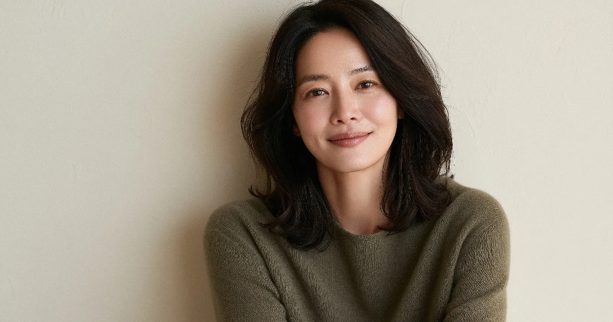 어깨까지 오는 머리를 풀고 올리브색 니트를 입은 40대 여성이 밝은 벽 앞에서 옆을 보며 웃는 모습