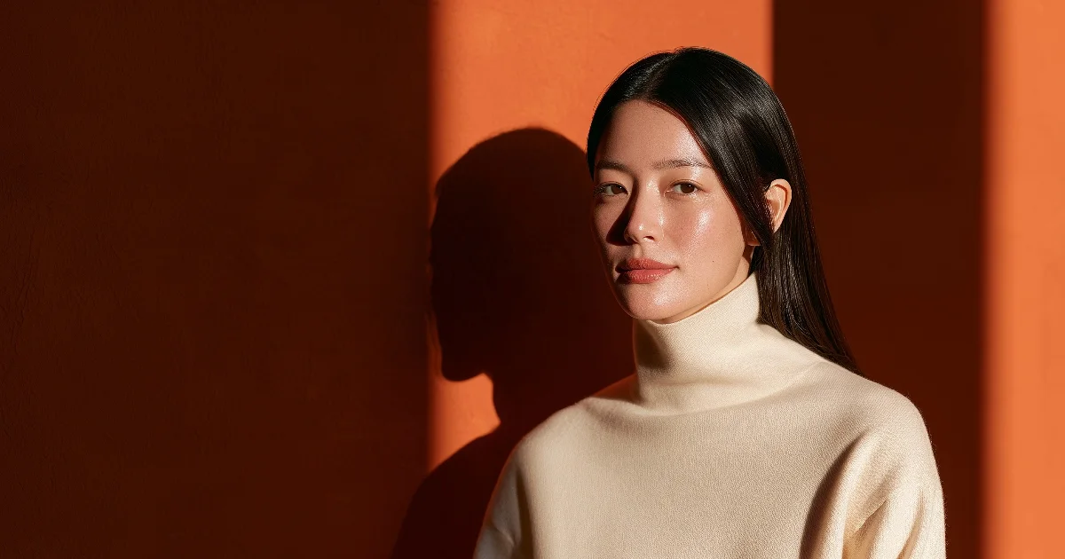 따뜻한 테라코타색 벽 앞에서 곧은 머리를 귀 뒤로 넘기고 크림색 터틀넥을 입은 여성이 늦은 오후 햇빛을 받으며 옅게 미소 짓는 반측면