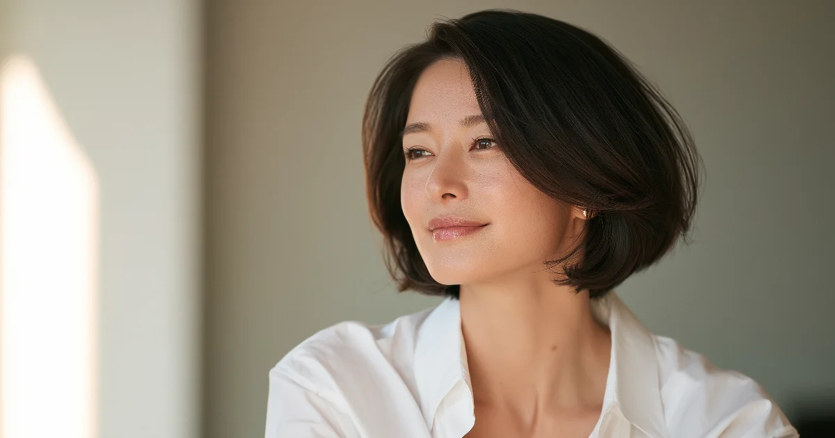 단발머리에 흰 셔츠를 입은 40대 여성이 창가의 부드러운 빛을 받으며 옆을 바라보는 모습