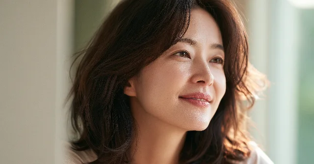 은은한 창가 빛 아래 옅게 미소 지으며 먼 곳을 바라보는 여성의 옆얼굴