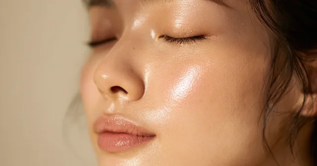 눈을 감은 여성의 볼과 앞광대가 부드러운 빛에 촉촉하게 드러난 근접 사진