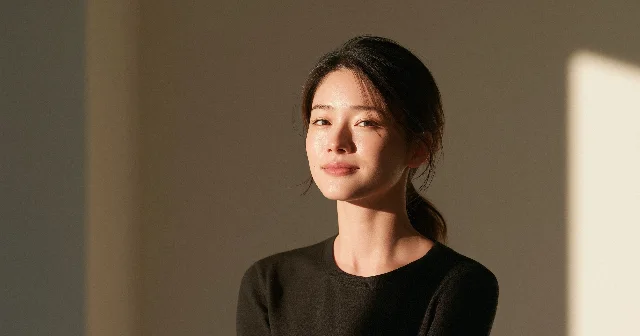 머리를 낮게 묶고 차콜색 상의를 입은 30대 여성이 창가의 부드러운 빛을 받으며 옆을 바라보는 모습