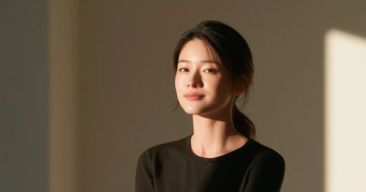 머리를 낮게 묶고 차콜색 상의를 입은 30대 여성이 창가의 부드러운 빛을 받으며 옆을 바라보는 모습